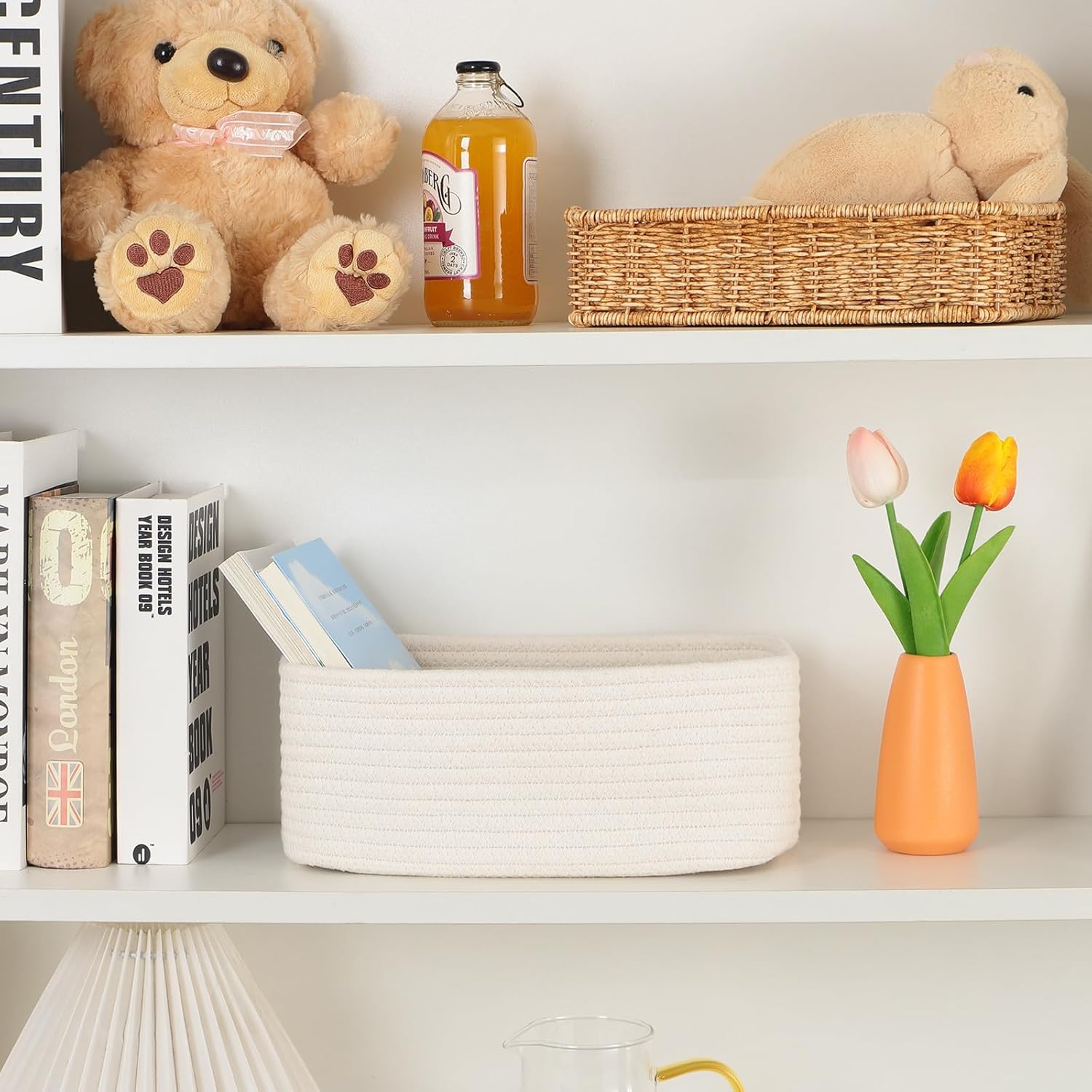 Small Storage Baskets for Organizing | Closet Organizer Bins | Shelf Toy Basket | Woven Rope Baskets | Cube Decorative Box | Shallow Basket | 11.5x7.5x4.7” | 3 Packs Off White