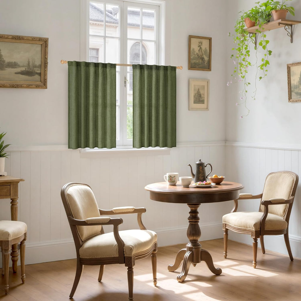YoungsTex Olive Green Linen Curtains 40 Inch Length for Kitchen Window, Short Semi Sheer Drapes Textured Light Filtering with Rod Pocket Back Tab for Cafe Bathroom, 2 Panels, 42 X 40 Inch
