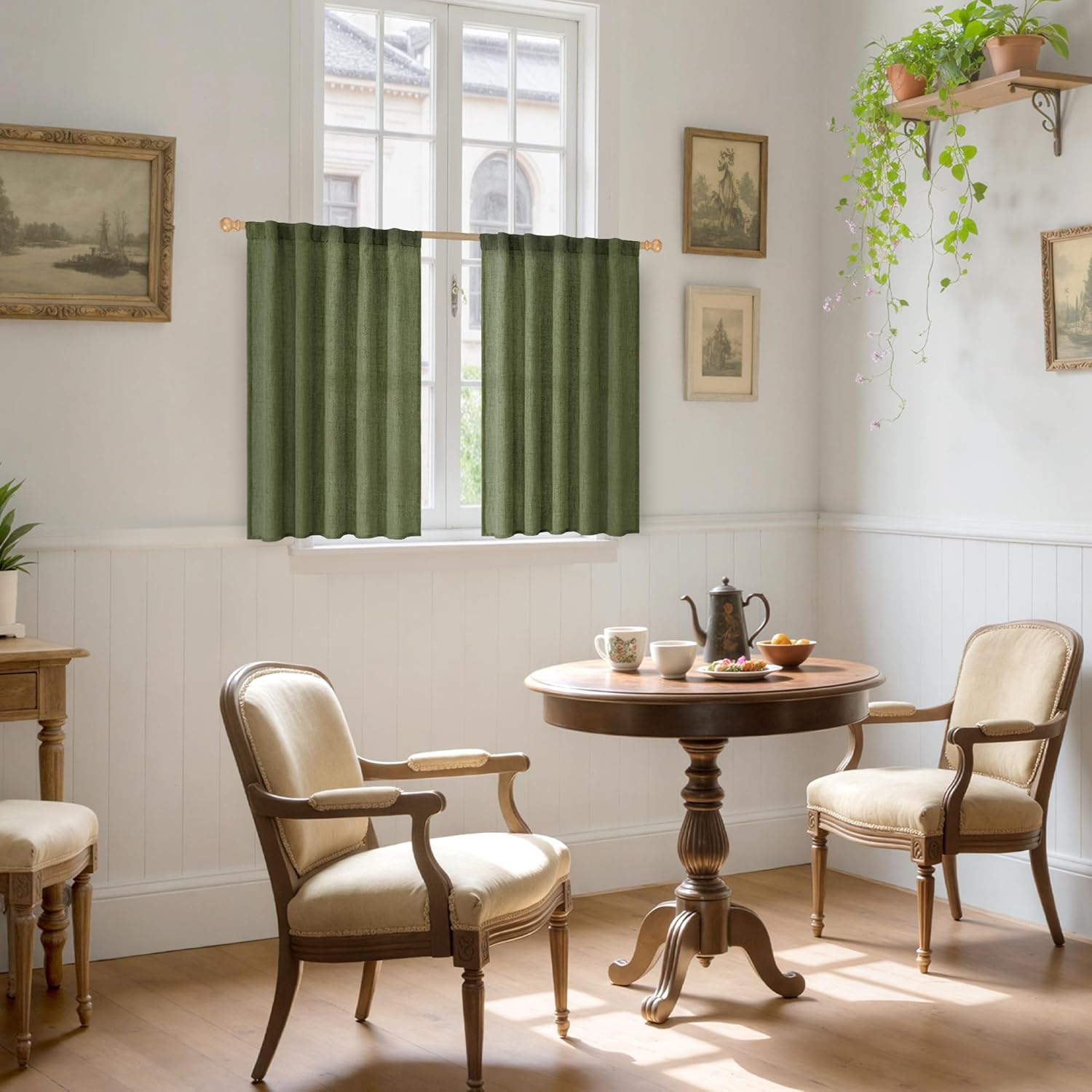 YoungsTex Olive Green Linen Curtains 40 Inch Length for Kitchen Window, Short Semi Sheer Drapes Textured Light Filtering with Rod Pocket Back Tab for Cafe Bathroom, 2 Panels, 42 X 40 Inch