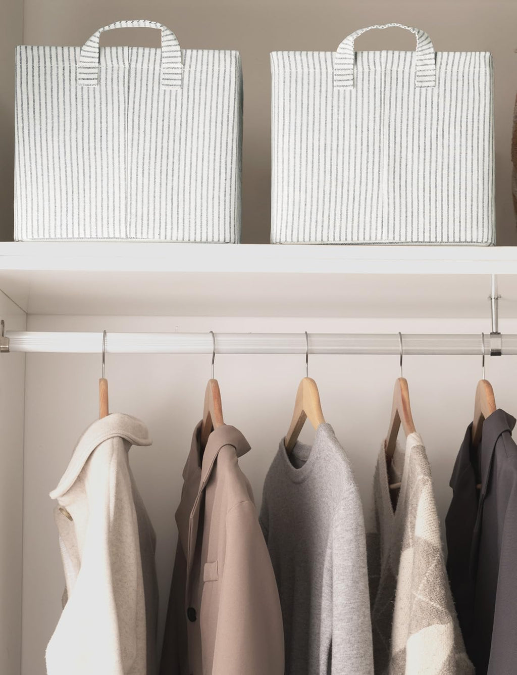 StorageWorks Storage Bins, Fabric Storage Bins for Shelves, Large Storage Baskets with Metal Frame, Closet Baskets and Bins with Handles, Khaki and Beige Stripes, 2-Pack