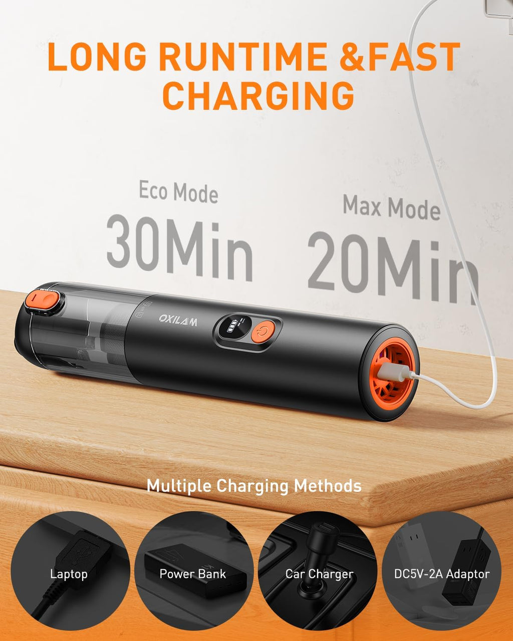 OXILAM Car Vacuum Portable - Handheld Vacuum Cordless 14000PA High Power, Blow & Suction 2 in 1, Up to 30 Mins Runtime, Cordless Vacuum Cleaner for Home, Pet, Car, Office (Black)