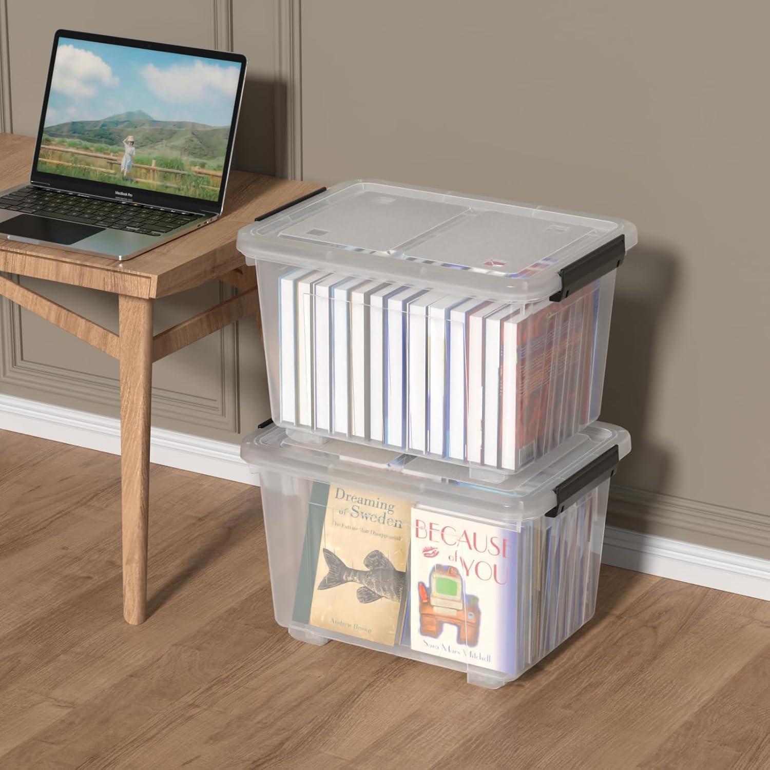 50 Quart Large Plastic Latching Box with Lid, Clear Storage Bin with Wheels, Stackable, 4 Packs