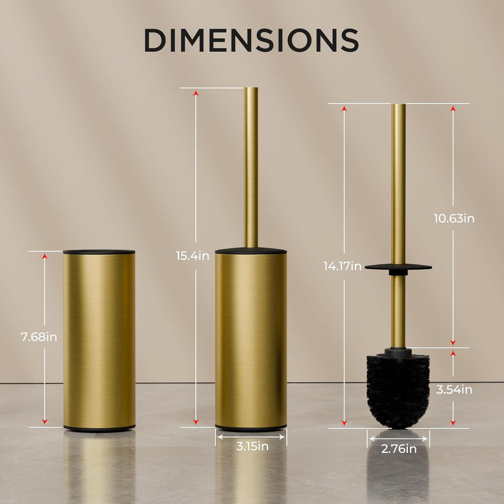 FORIOUS Toilet Brush and Holder Set, 304 Stainless Steel Long Handle and Heavy Duty Base for Bathroom Deep Cleaning, Drip-Proof, Space Saving for Storage, 2 Toilet Bowl Brush Head, Dark Gold