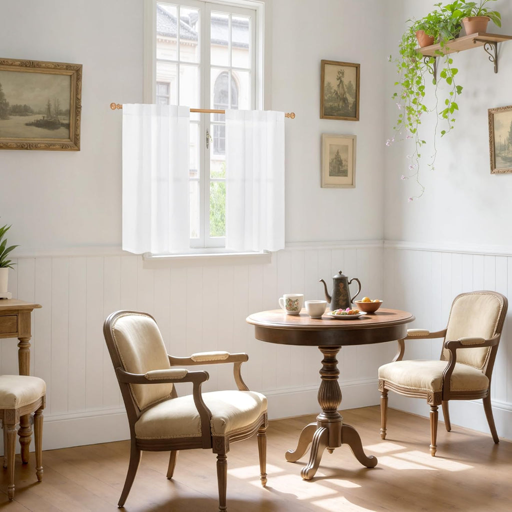 YoungsTex White Linen Curtains for Kitchen Window Over Sink - Small Half Window Drapes Semi Sheer with Back Tab for Front Door Cafe, 2 Panels, 30 X 40 Inch