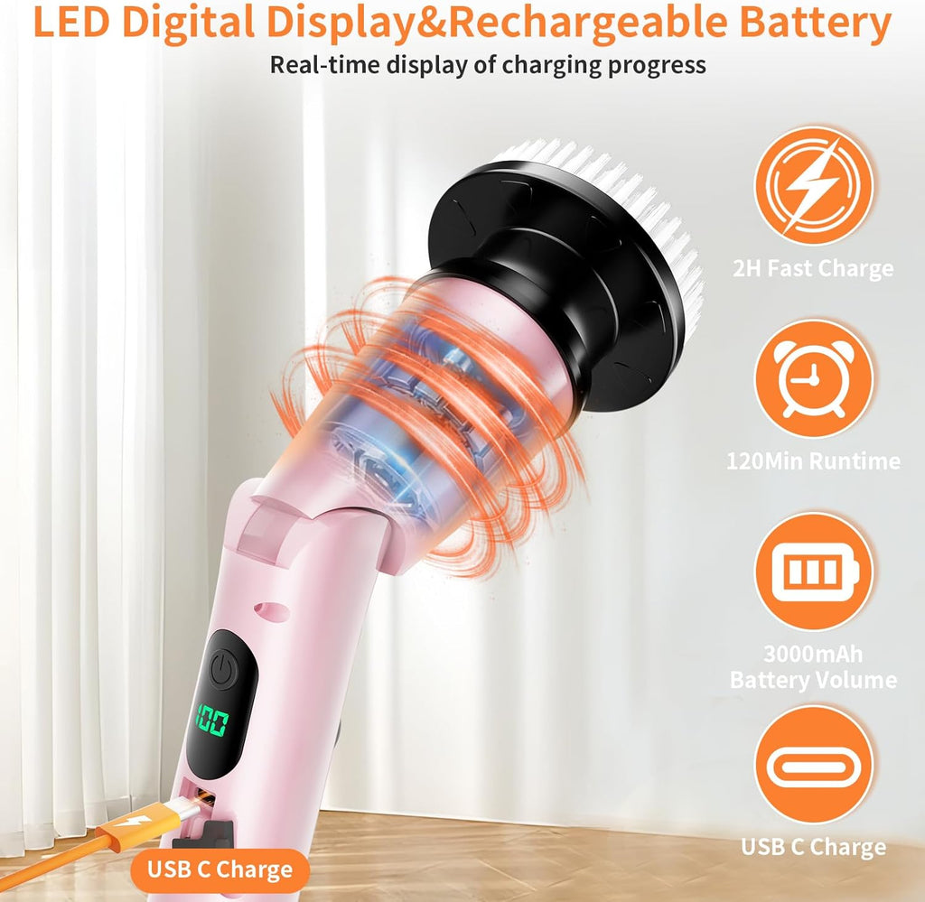 11 in 1 Electric Spin Scrubber Cordless Cleaning Brush 3 Adjustable Angles 2 Adjustable Speeds LED Display Shower Cleaner Brush Supplies Extension Long Handle for Bathroom Floor Tile Toilet Waterproof