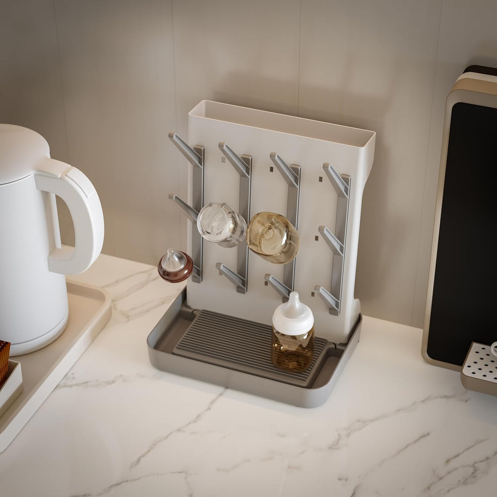 IEEK Baby Bottle Drying Rack,Large Vertical Drying Tower Bottle Rack Holder Space Saving Standing Drying Rack for Countertop-Holds 12 Baby Bottles and Cup,Etachable Travel Bottle Rack,Grey and White