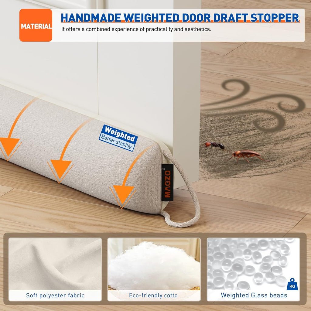 MAGZO Door Draft Stopper 32 Inch-Beige, Sound Proof Door Snake Draft Insulation Stopper with Hook Loops Weighted Blocker