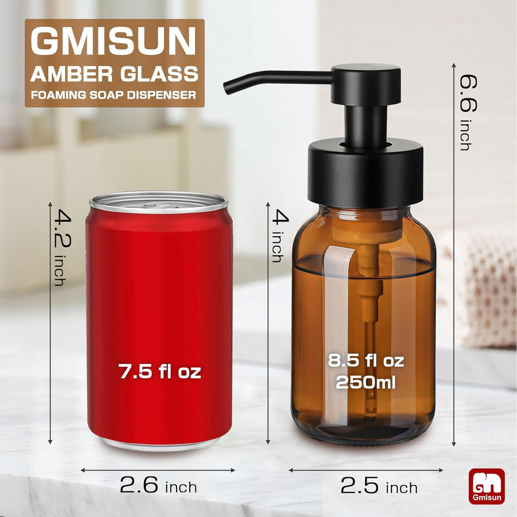 GMISUN Foaming Soap Dispenser, 8.5 fl oz / 250ml Amber Glass Foam Soap Dispenser for Bathroom & Kitchen, 2 Pack Modern Refillable Foaming Hand Soap Dispensers, Foam Pump Bottle with Waterproof Labels