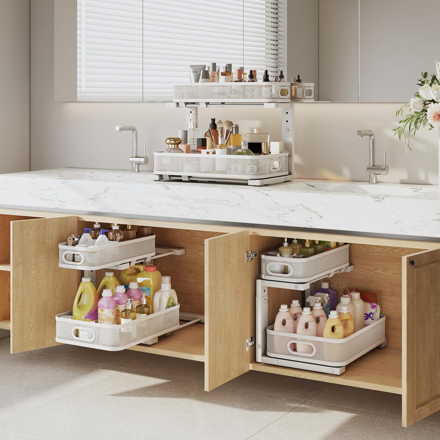 1 Pack 15.7IN-Depth Under Sink Organizer With Smooth Cylindrical Rail,2-Tier Pull Out Multi-Purpose Cabinet Storage for Bathroom&Kitchen,Height Adjustable,Rust-resistant Coating-White