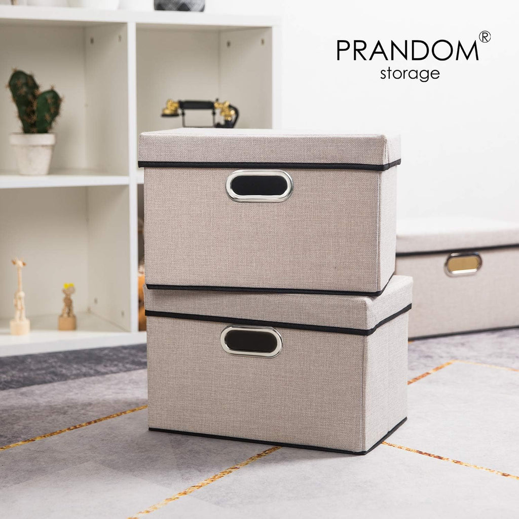 PRANDOM Foldable Storage Bin with Lid [3-Pack] Linen Fabric Decorative Storage Box Organizer Container Basket Cube with Handles Divider for Closet Office Living Room Light Grey(14.9x9.8x9.8)