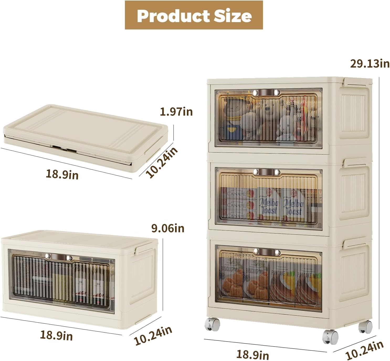 3 Tier - 34QT Storage Bins with Lids, Collapsible Storage Bins with Doors and Wheels, Plastic Storage Cabinet for Easy Storage and Organization for Living Room, Office