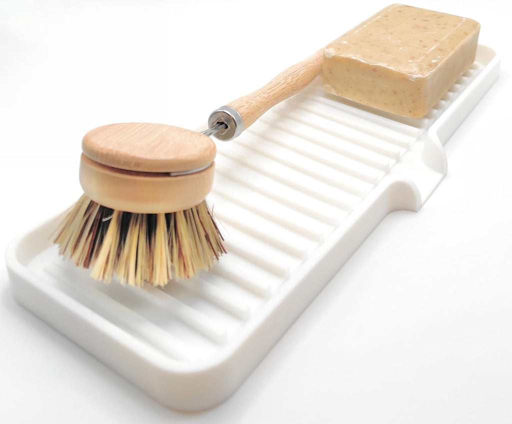 Happitasa Silicone Soap Dish Tray and Sponge Holder with Drain Chute | Bathroom and Kitchen Sink Organizer Caddy (White, 12"x4", 7.4 Ounces)