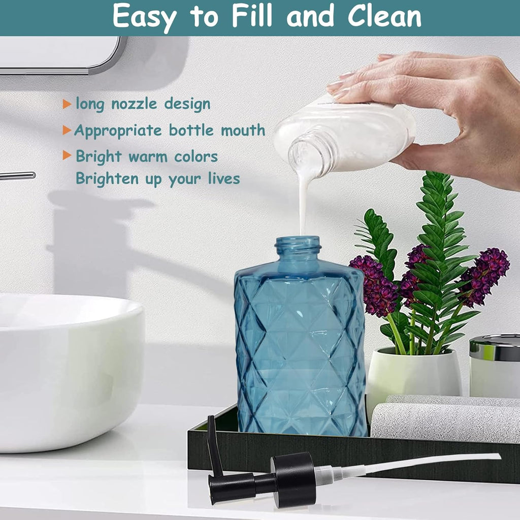 Blue Glass Soap Dispenser with Black Plastic Pump, 12oz Refillable Liquid Hand Soap Dispenser, Crystal Lotion Bottle for Modern Home Decor, Bathroom, Kitchen Countertop, Hotel