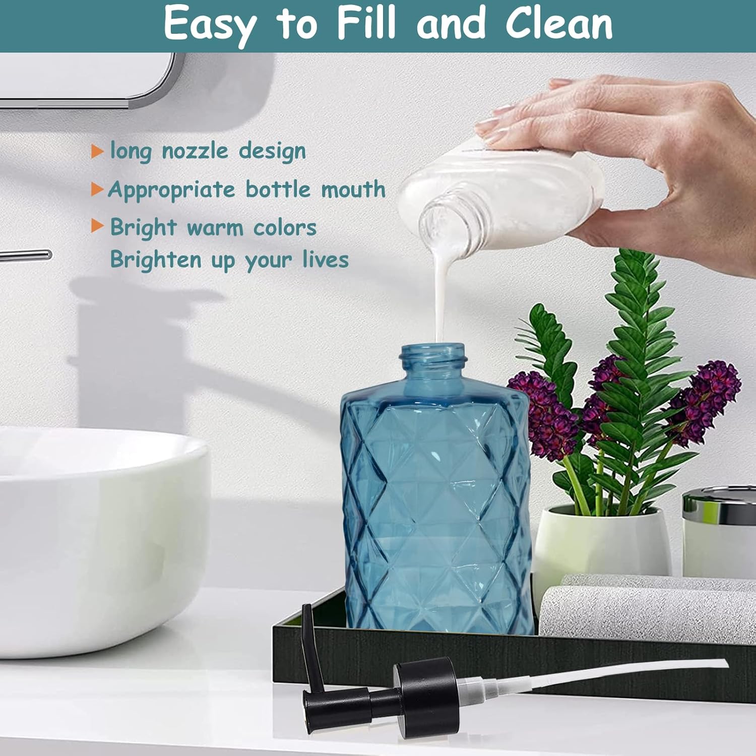 Blue Glass Soap Dispenser with Black Plastic Pump, 12oz Refillable Liquid Hand Soap Dispenser, Crystal Lotion Bottle for Modern Home Decor, Bathroom, Kitchen Countertop, Hotel