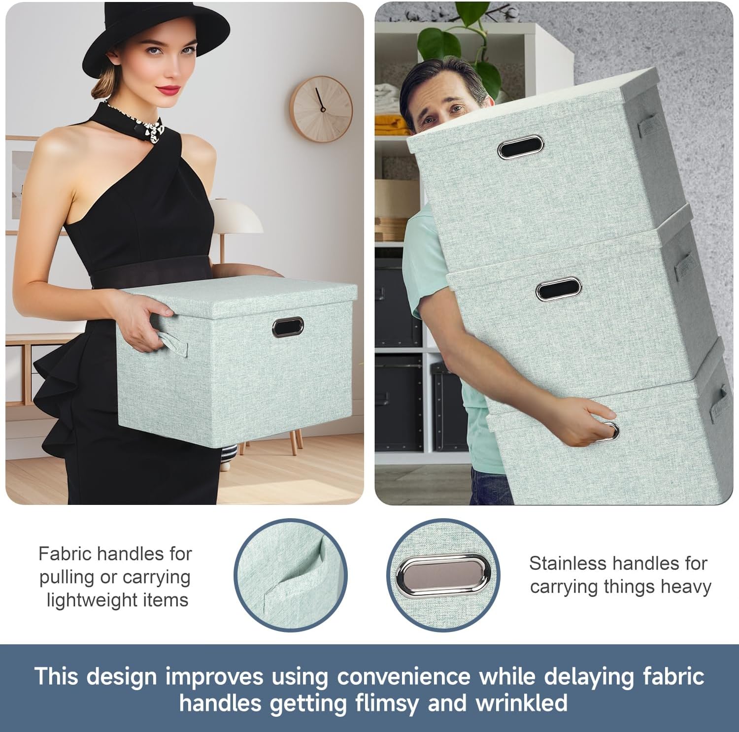 Large 17" 36 Quart Collapsible Stackable Storage Bins with Lids, 3 Packs Light Green Linen Fabric Closet Boxes with Lids, Storage Cube Baskets Container Organizers for Office (17x12x11)