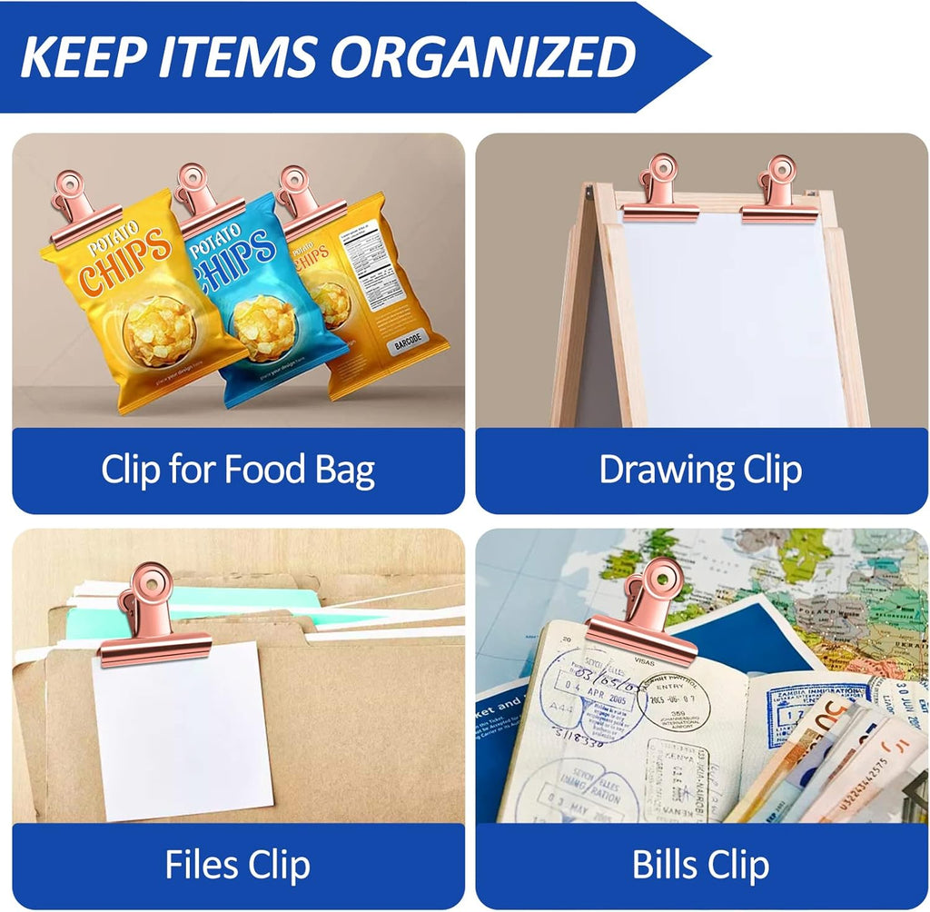 10 Pack Large Metal Hinge Clips 2.5 Inches Bull Hinge Paper Clips Bulldog Clips for Crafts, Photo, Drawing, Food Bags at Home, Office, School, Shop, Rose Gold, 63mm