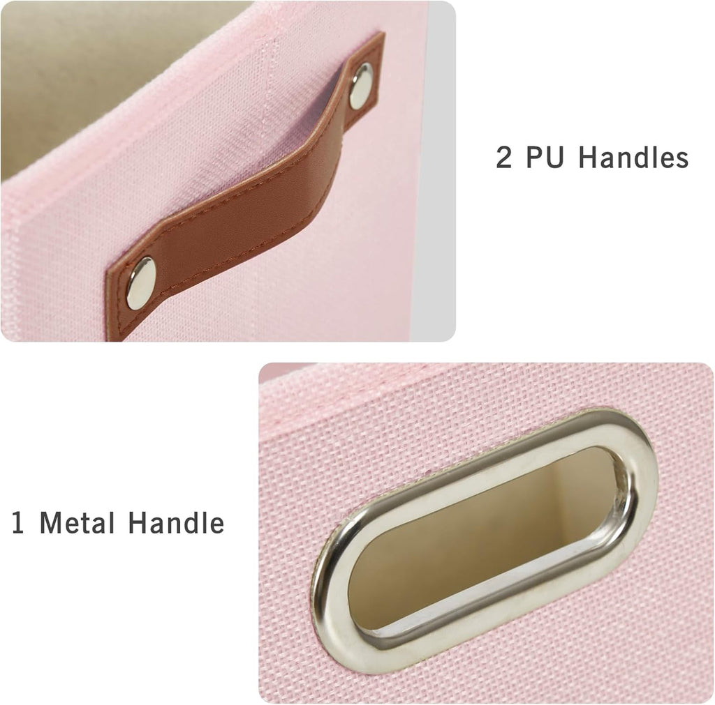 Large 3-Pack Foldable Fabric Storage Bins with Durable PU & Metal Handles, Collapsible Storage Baskets for Shelves, Home Storage, Closet Organizers, Living Room(14.9"x9.8"x9.8", Pink)