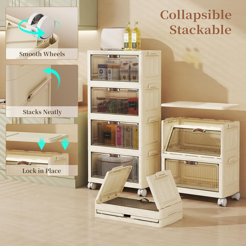 3 Tier - 48QT Storage Bins with Lids, Collapsible Storage Bins with Doors and Wheels, Plastic Storage Cabinet for Easy Storage and Organization for Living Room, Office