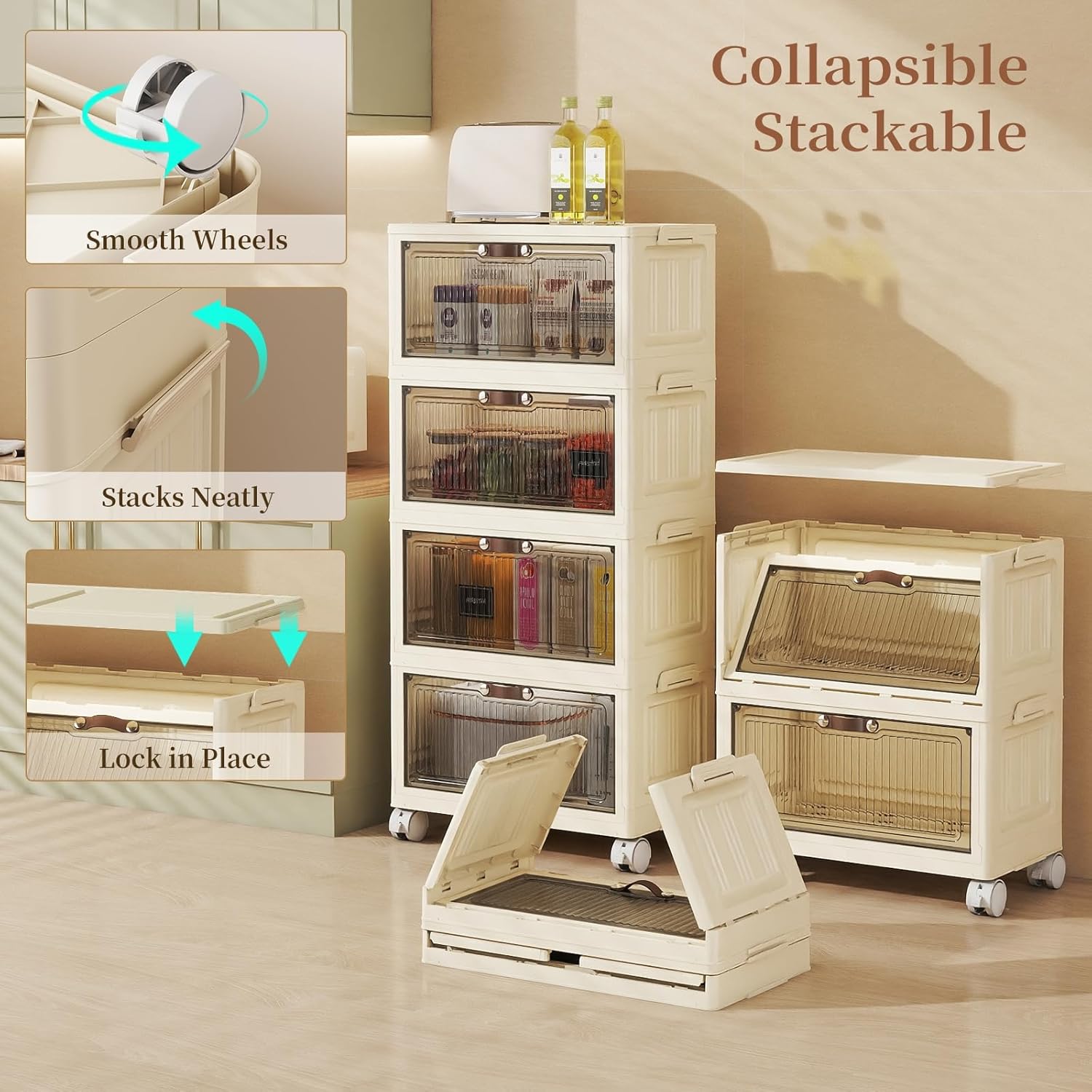 3 Tier - 48QT Storage Bins with Lids, Collapsible Storage Bins with Doors and Wheels, Plastic Storage Cabinet for Easy Storage and Organization for Living Room, Office