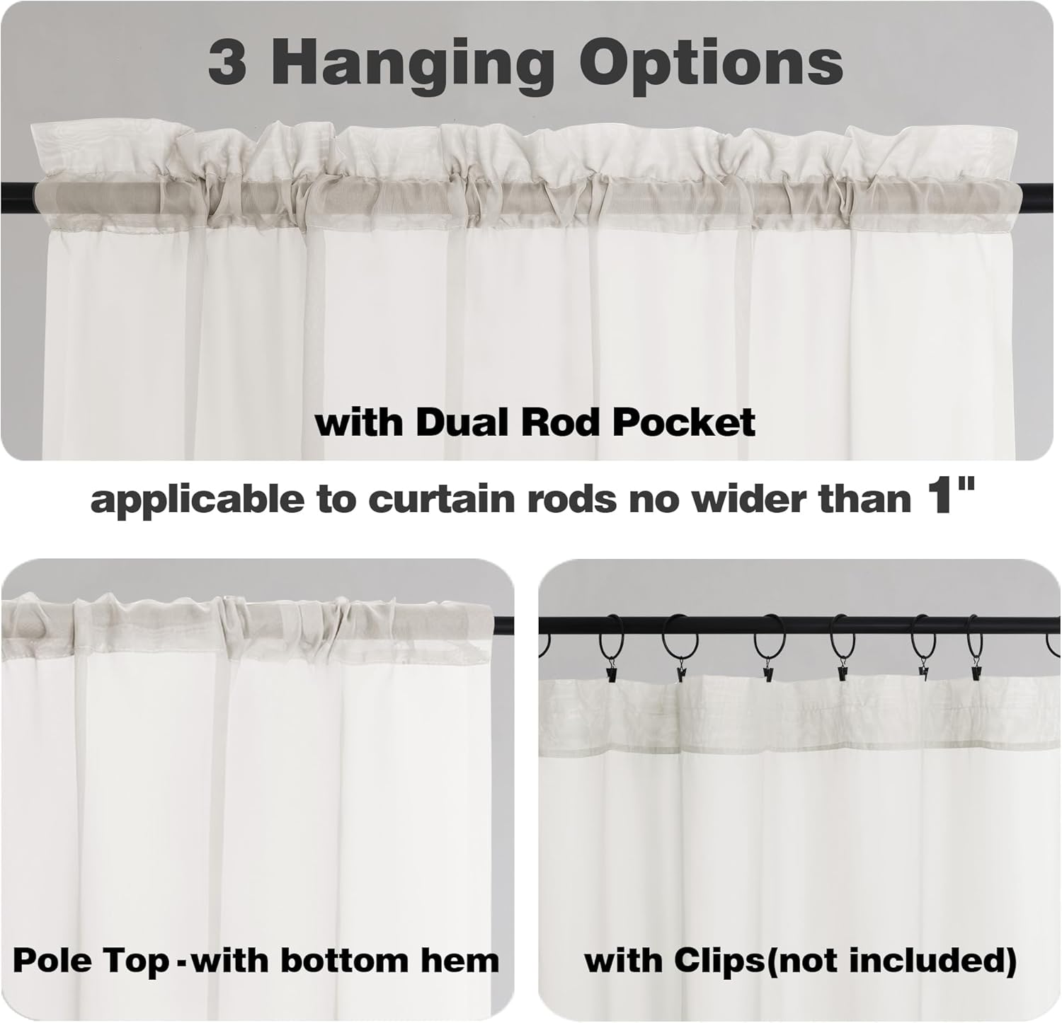 Chyhomenyc Sheer Ivory Valances for Windows 2 Pack, Small Window Curtains for Living Room Bathroom Cafe Laundry Basement, Modern Top Dual Rod Pocket Voile Curtain, 42W x 18L inches, Ivory