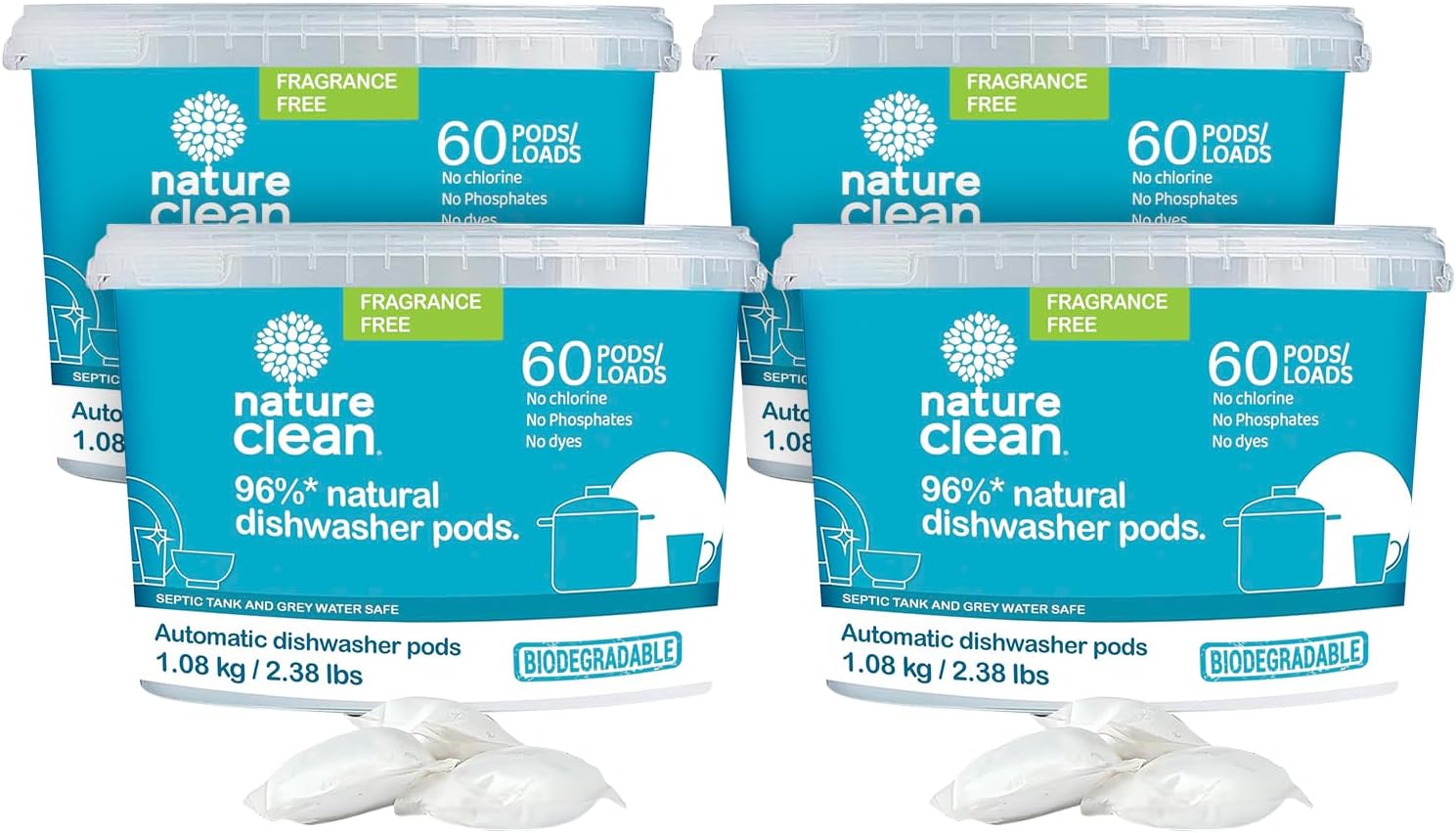Nature Clean All Natural Dishwasher Pods, Plant-Based Non-Toxic Dishwasher Detergent Pods, Tough on Grease, Unscented Fragrance-free, 60 Count, Pack of 4