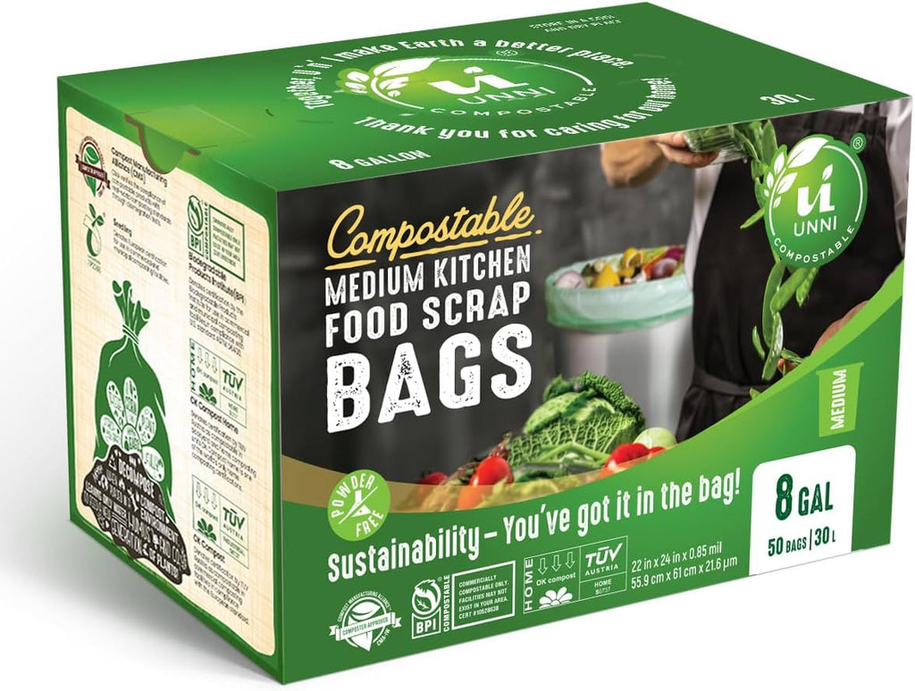 UNNI Compostable Trash Bags, 8 Gallon / 30 Liter, 100 Count, Extra Thick 0.85 mil Medium Kitchen Food Scrap Bin Liners, Certified by BPI, CMA & OK compost HOME, Meets the ASTM D6400 Standard