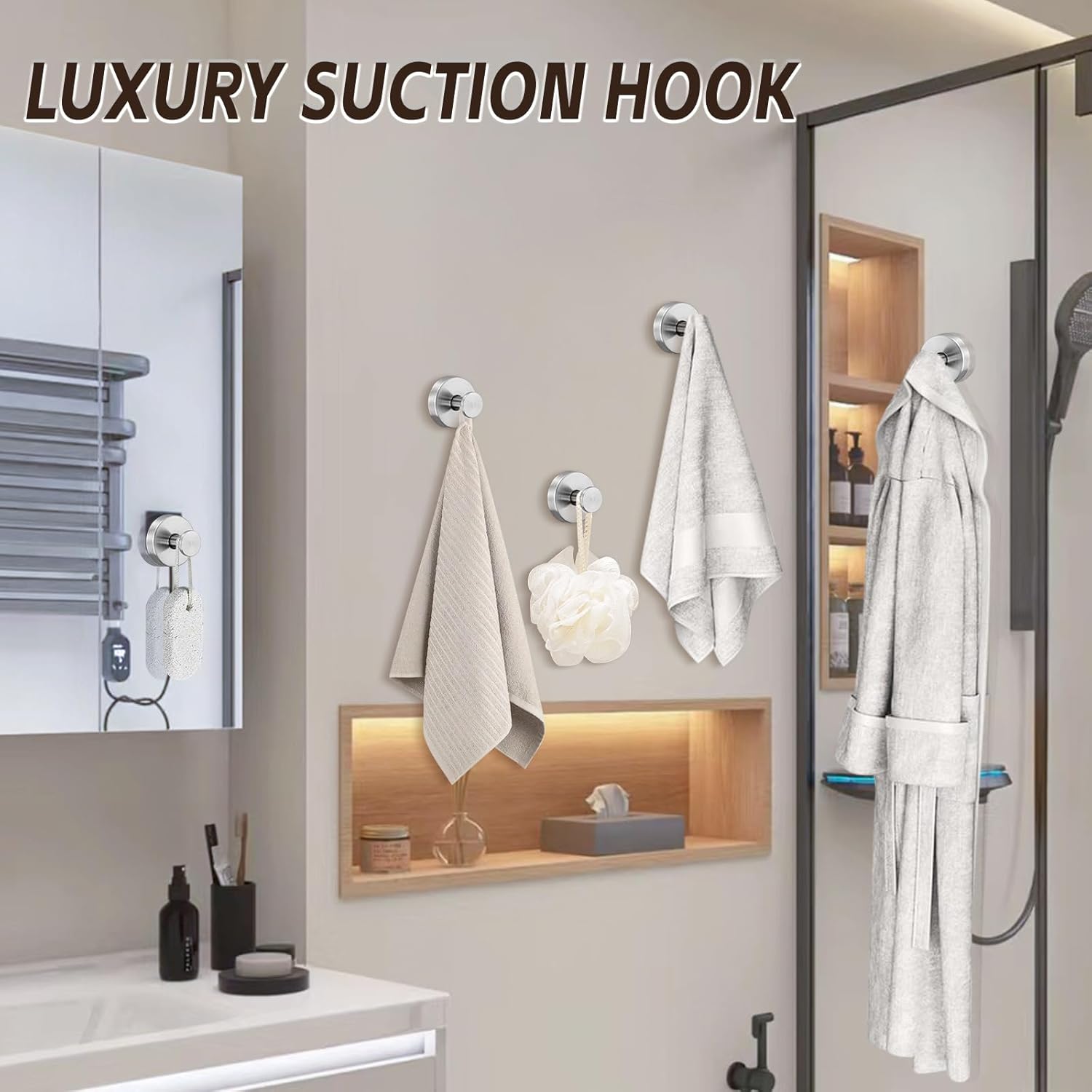 Reusable Heavy Duty Suction Cup Hooks for Kitchen/Bathroom/Shower - Wet-Proof Hooks for Towels, Robes, Loofah&Wreaths/No Drill Mounting on Glass, Tile, Metal (2, Brushed Nickel)