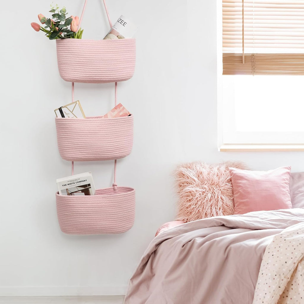 TeoKJ 3-Tier Wall hanging Storage Bags, Over the Door Organizer, Decorative Cotton Rope Hanging Baskets, Pink