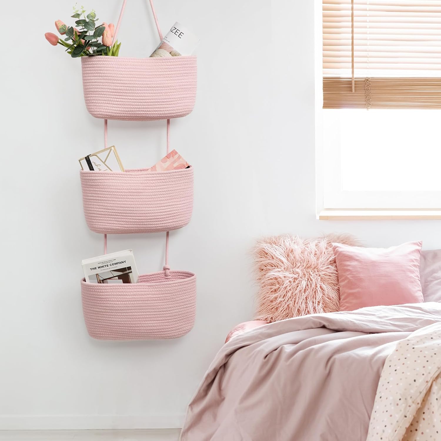 TeoKJ 3-Tier Wall hanging Storage Bags, Over the Door Organizer, Decorative Cotton Rope Hanging Baskets, Pink