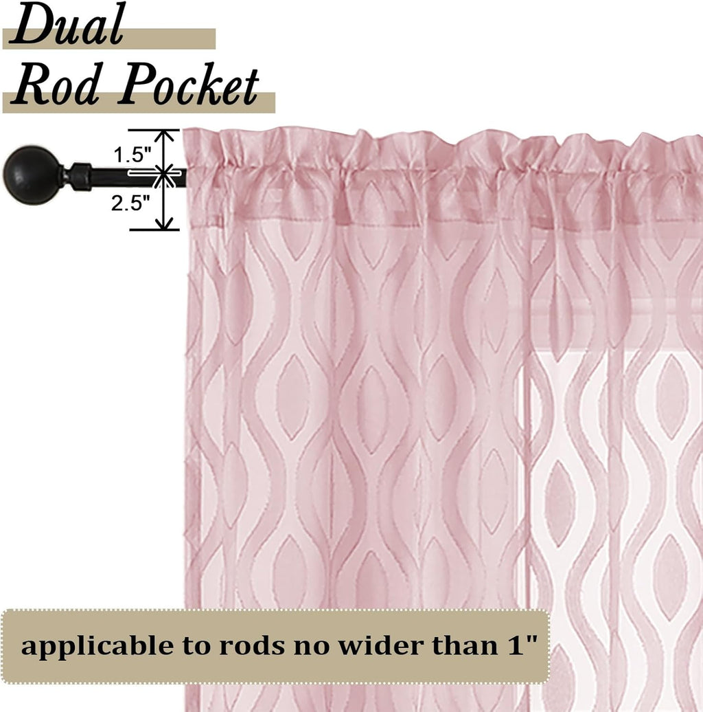 Aiyufeng Blush Pink Sheer Curtains 84 Inches Long 2 Panels Set, Soft Airy Lightweight Transparent Wavy Line Jacquard Farmhouse Curtians for Bedroom Living Room, Dual Rod Pocket, Total 80 inches Width