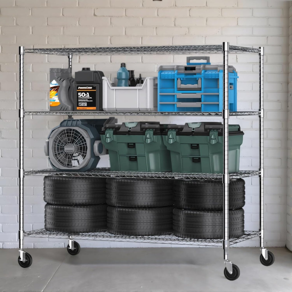 Himimi 4 Tier Wire Shelving with Wheels Heavy Duty Height Adjustable Metal Shelves for Storage, Commercial Grade Steel Utility Wire Rack for Kitchen Garage Pantry Organization-24×48×72, Silver