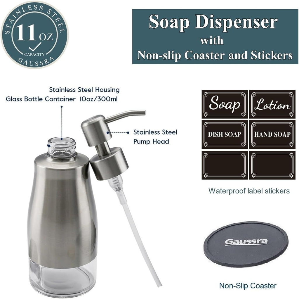 Gaussra Soap Dispenser with Coaster and Stickers, Brushed Nickel Stainless Steel Case Glass Liner Hand Pump Dispenser, Refillable Liquid Hand Soap Dispenser for Bathroom & Kitchen (11OZ / 320ML)