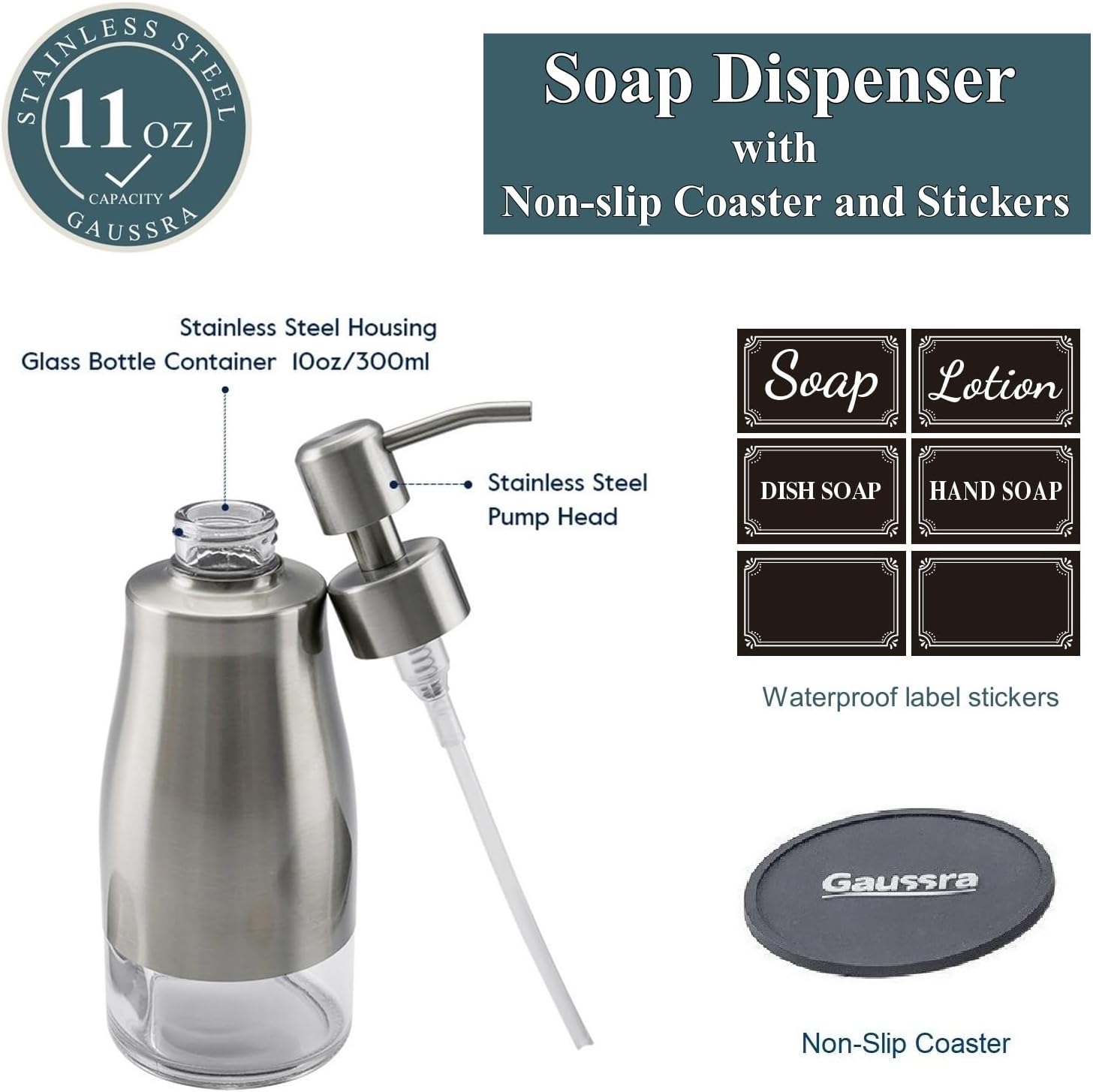 Gaussra Soap Dispenser with Coaster and Stickers, Brushed Nickel Stainless Steel Case Glass Liner Hand Pump Dispenser, Refillable Liquid Hand Soap Dispenser for Bathroom & Kitchen (11OZ / 320ML)