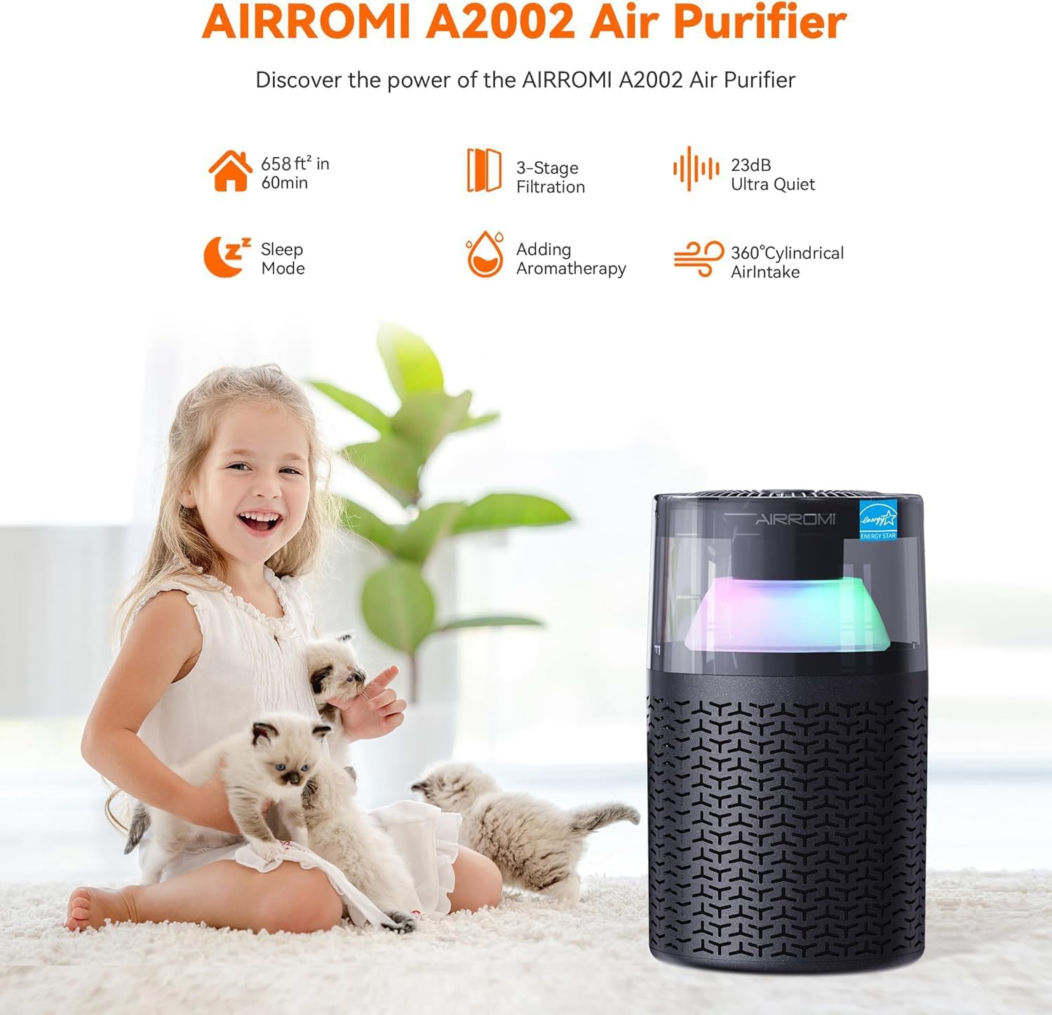 AIRROMI Air Purifiers for Bedroom Home,Up to 658 Ft²,Activated Carbon Filter Cleaner,With Fragrance Sponge for Better Sleep,Night Light,Pet Dander,Allergies,Smoke,Odor,Desktop Air Cleaner A2002 Grey
