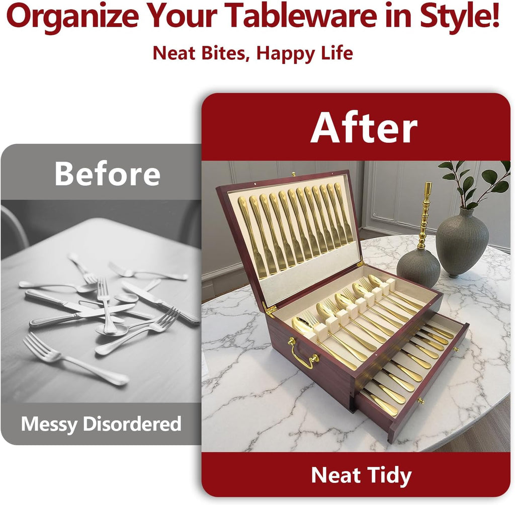 Silverware Storage Box, Kitchen Drawer Organizer, Drawer-containing flap-type storage box, Wood Chest, with Tarnish Proof Felt Lined, Storage Silver Chest for Kitchen (2 layer)