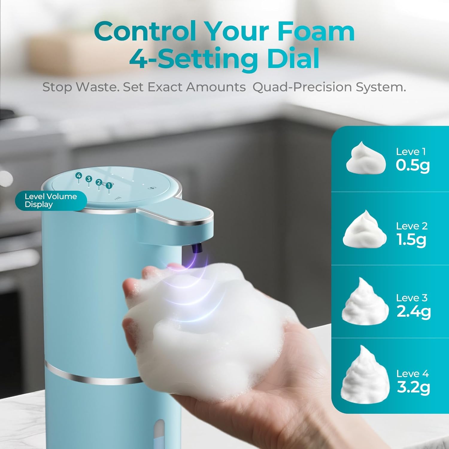 Seafoam Automatic Foaming Soap Dispenser - Touchless Hand Sensor, 4 Foam Settings, USB-C 1200mAh Large Capacity Rechargeable, Modern Design for Bathroom & Kitchen