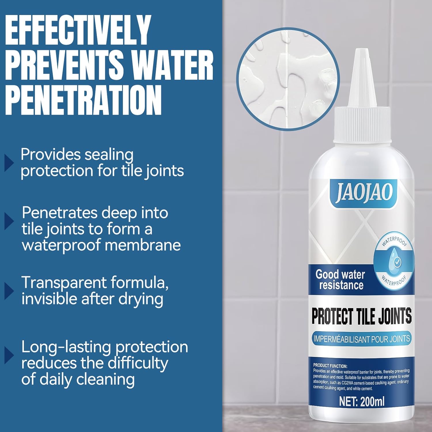 JAOJAO Grout Sealer for Floor Tile, Grout Repair Kit Tile Grout Sealer Shower Sealant Quick Drying Long Lasting Transparent for Floor Tile for Stone Bathroom Marble Indoor Outdoor, 200ml