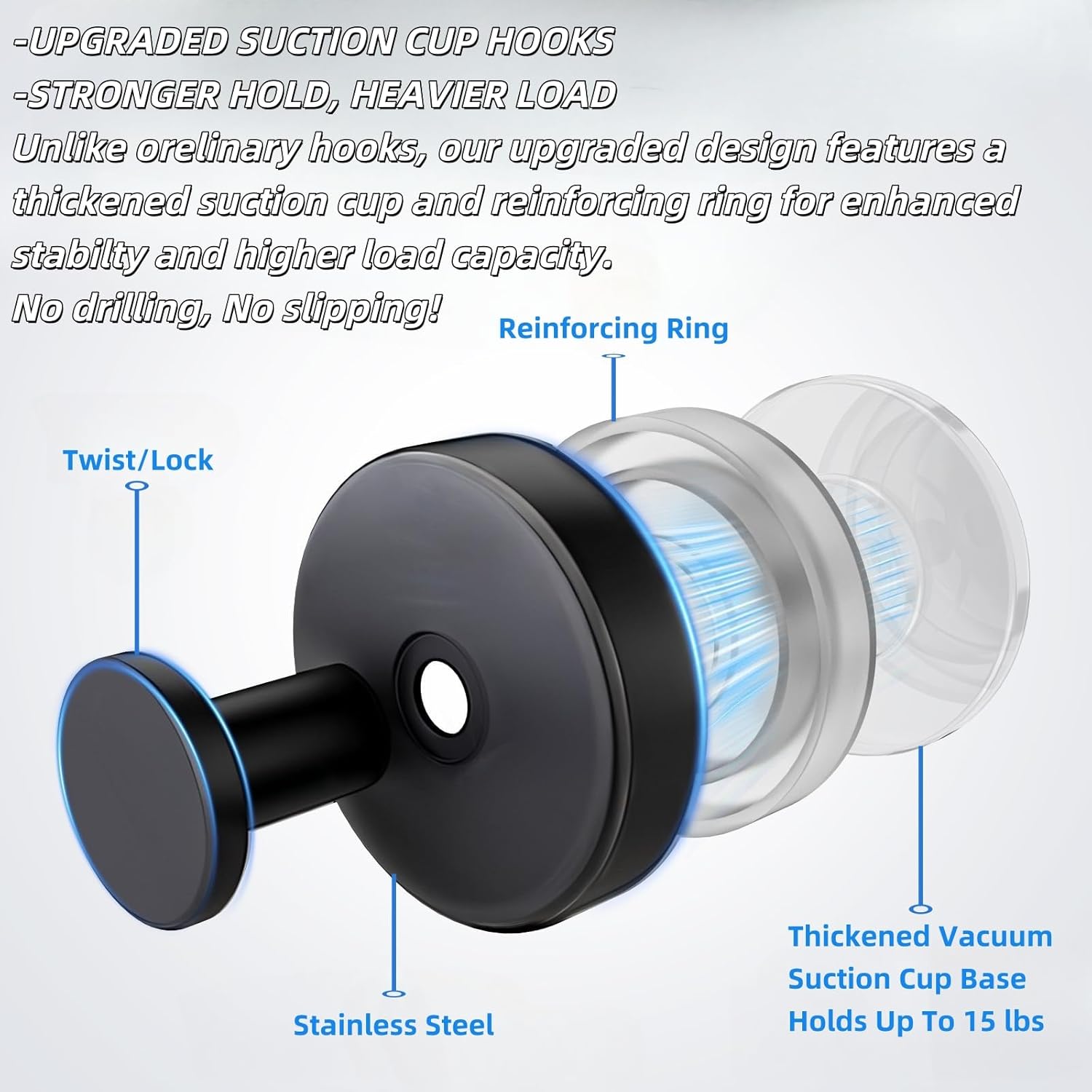 2025 Upgraded Stainless Steel Heavy Duty Suction Cup Hooks For Shower Bathroom Accessories Removable Hook For Glass Window Door Wall Hooks For Hanging Towels Robes Wreaths (Pack Of 2, Black)