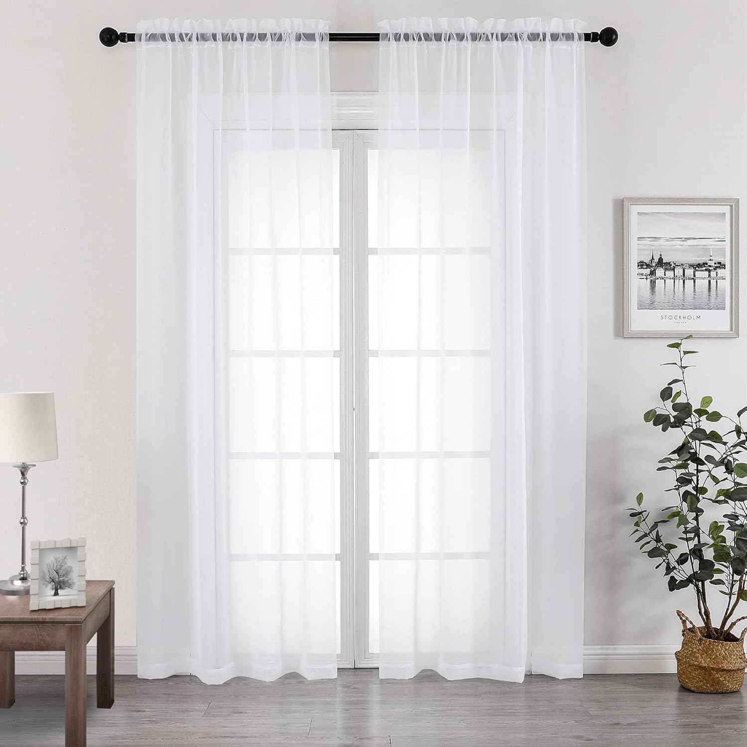 Chyhomenyc White Sheer Curtains 96 inches Long 2 Panels Set, Light Filtering Airy Solid Voile Window Treatment Drapes for Bedroom Living Room, Each 42Wx96L, 8FT Long, Set of 2, White
