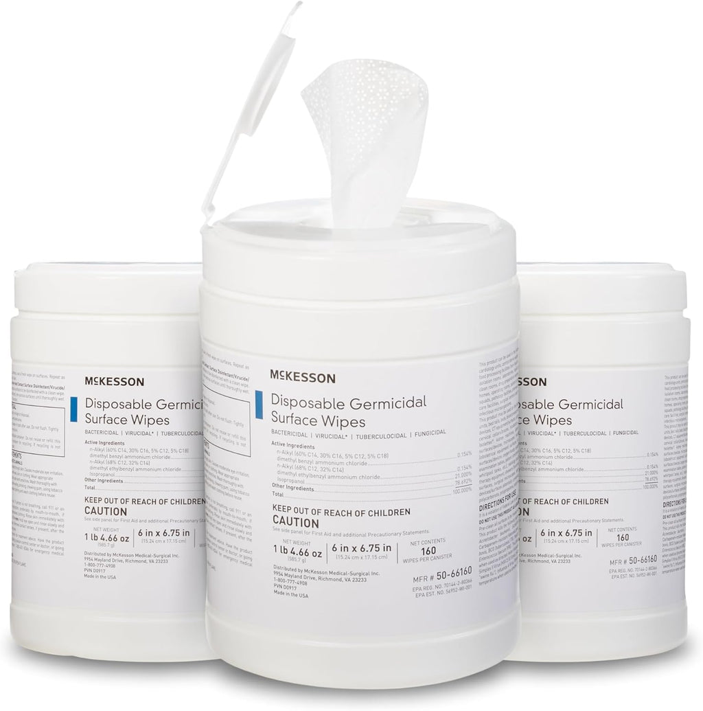 McKesson Germicidal Wipes [480 Count] Disinfecting Wipes, Alcohol Cleaning Disinfectant Wipes, Hospital Grade Multi-Surface Wipes, 160 Wipes, 3 Pack