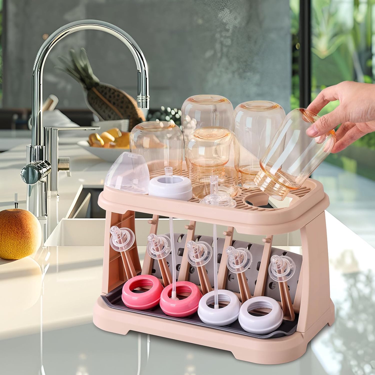 Baby Bottle Drying Rack:Space Saving Standing Drying Rack for Baby Bottles and Pump Part Cleaning,be Equipped with Bottle Brush（Pink Lotus Root）
