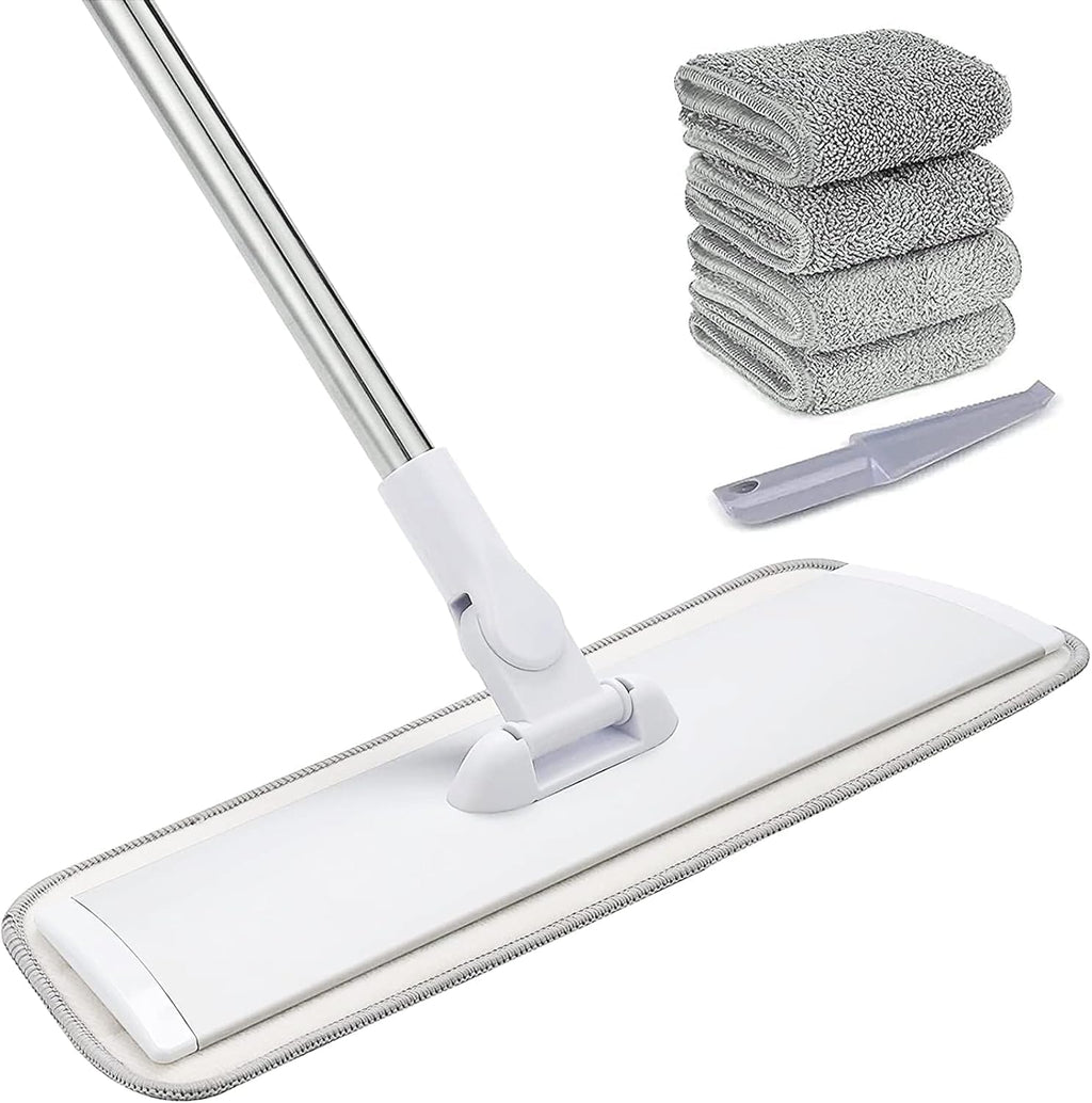 18" Professional Microfiber Mop Floor Cleaning System, Flat Mops with Stainless Steel Handle, 4 Reusable Washable Mop Pads, Wet and Dust Mopping for Hardwood, Vinyl, Laminate, Tile Cleaning (White)