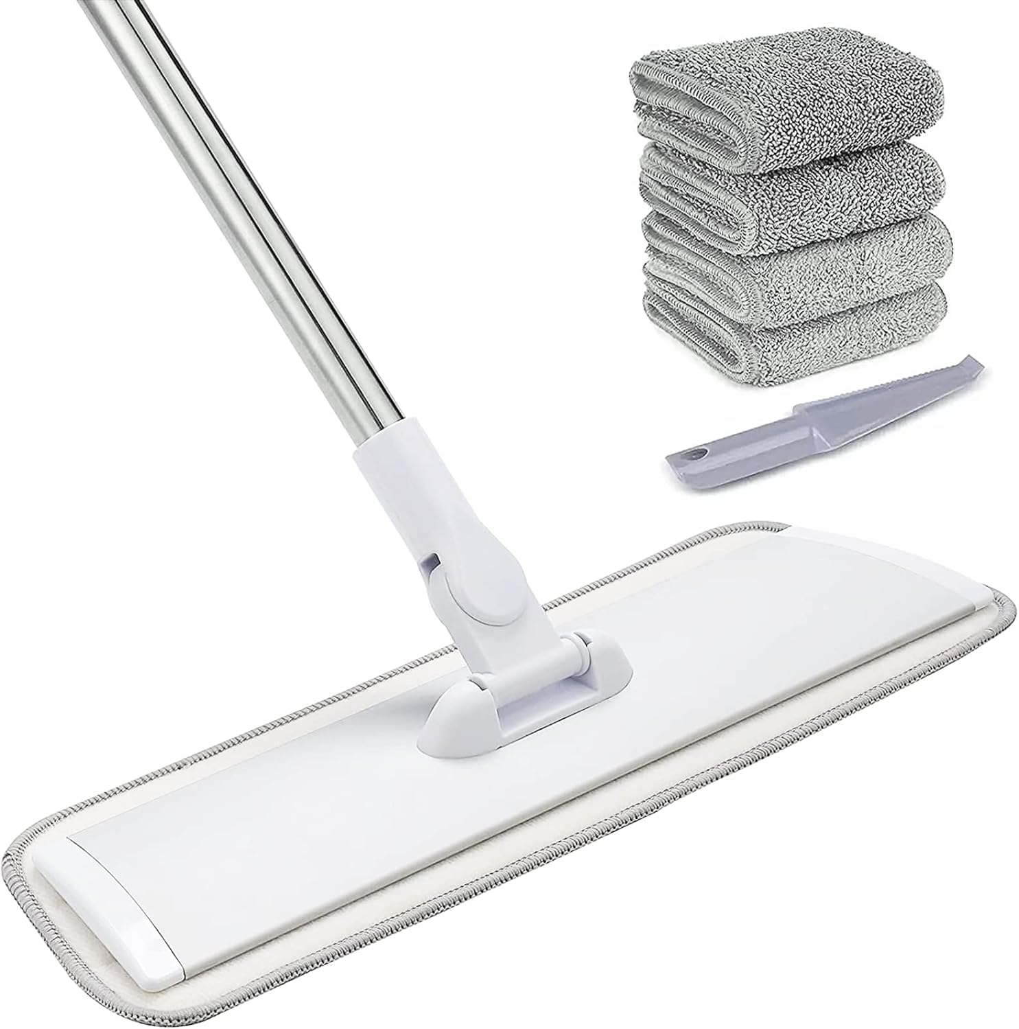 18" Professional Microfiber Mop Floor Cleaning System, Flat Mops with Stainless Steel Handle, 4 Reusable Washable Mop Pads, Wet and Dust Mopping for Hardwood, Vinyl, Laminate, Tile Cleaning (White)