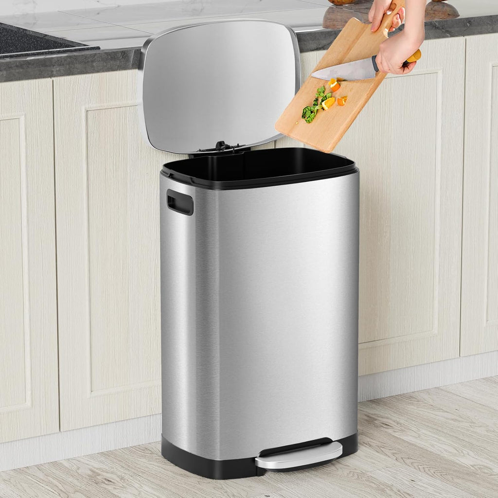 13 Gallon Trash Can with Lid, 50L Fingerprint Proof Stainless Steel Kitchen Trash Can with Removable Inner Bucket and Lid Soft Close, Pedal Rubbish Bin for Home Office