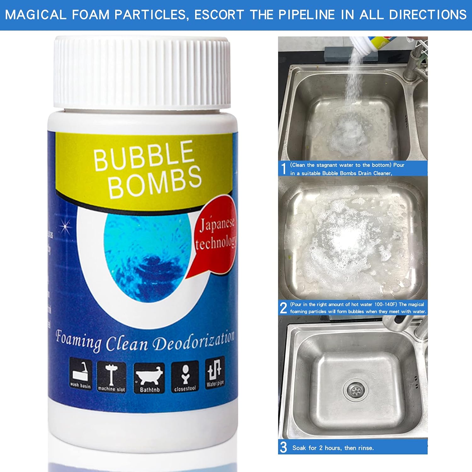 4pcs Bubble Bombs Drain Cleaner, Quick Dredge Pipeline, Powerful Sink Drain Cleaner, Magic Fast Foaming Pipe Dredge Powder, for Kitchen Toilet Pipeline Quick Cleaning Tool （120g*4）