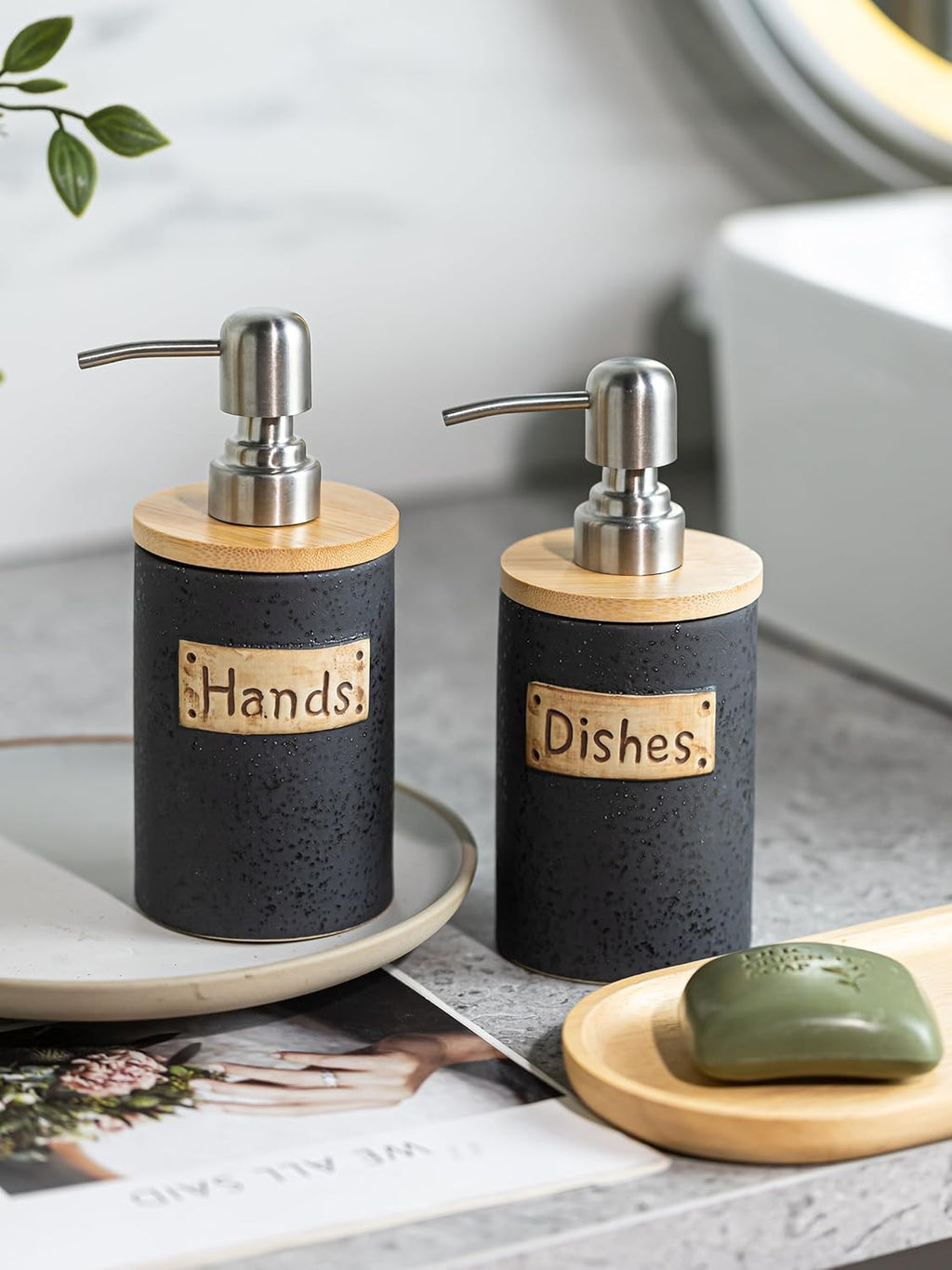 Kitchen Soap Dispenser Set, Ceramic Hand and Dish Soap Dispenser for Bathroom, Includes Instant Dry Tray, Collapsible Funnel, 15 Oz, Black