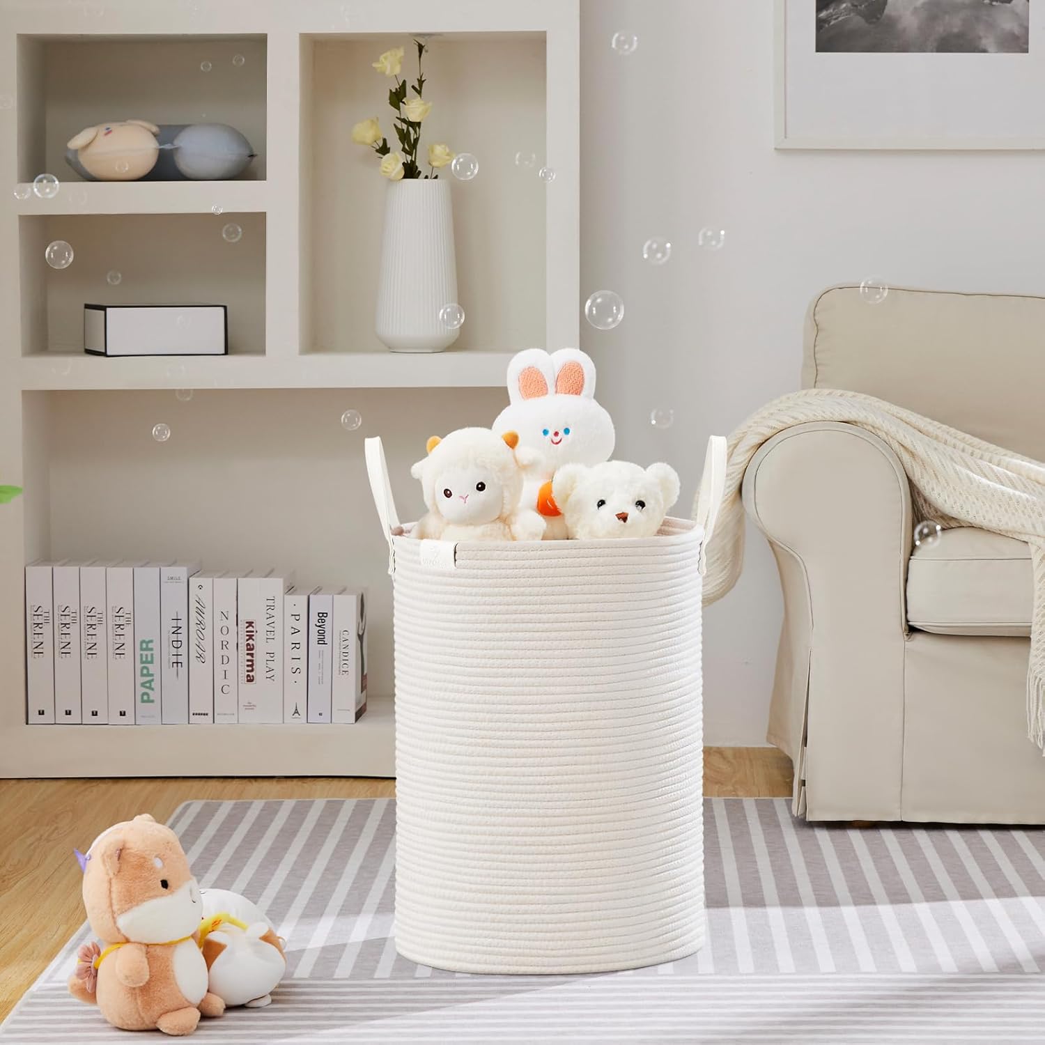 VIPOSCO Tall Laundry Basket, Large Dirty Clothes Hamper with Leather Handle, Woven Rope Storage Basket for Blanket, Toy In Living Room, Bathroom, Bedroom - 72L White