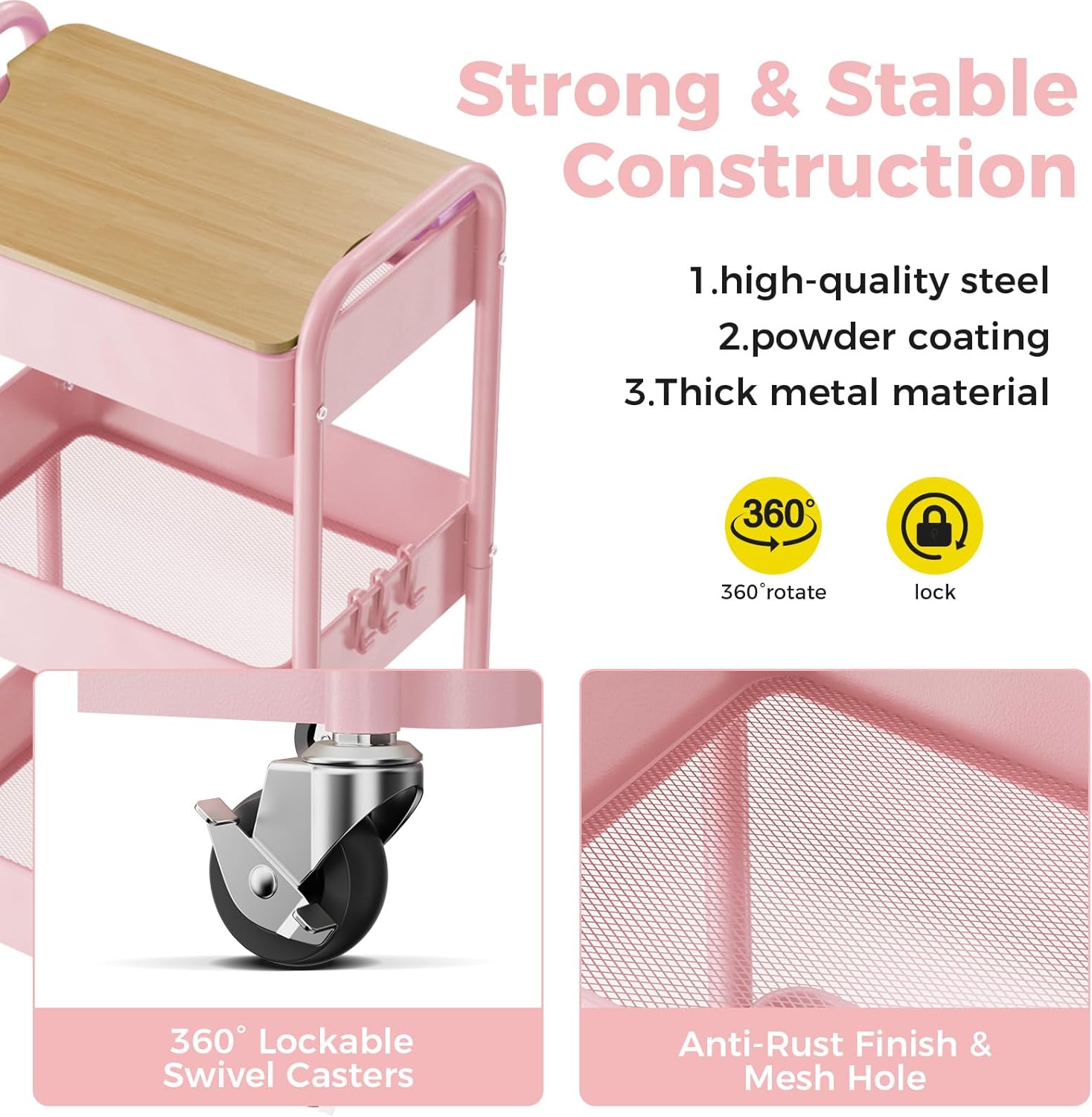3 Tier Rolling Cart with Table top, Metal Rolling Utility Cart, Sturdy Storage Organizer Cart with Locking Wheels & Hooks for Office, Classroom, Kitchen and Bathroom，Pink