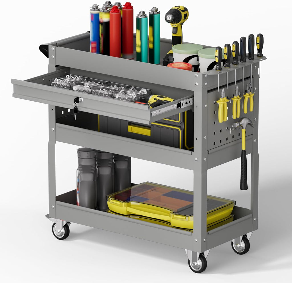 3 Tier Rolling Tool Cart with Drawers, 450 LBS Capacity Tool Cart on Wheels, Heavy Duty Rolling Utility Cart with Drawers, Rolling Utility Carts for Garage, Warehouse and Repair Shop,Gray