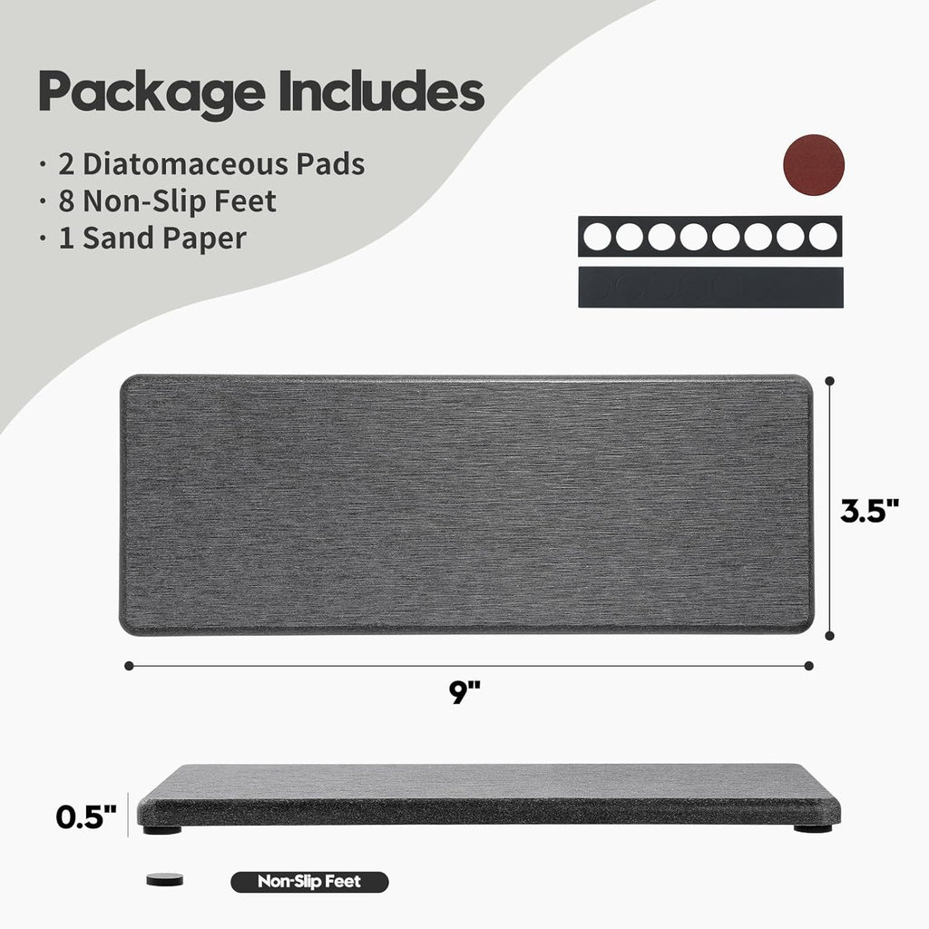 2PCS Bathroom Trays, Water Absorbing Diatomite Stone Quick Drying Mat for Kitchen Counter, Dish Rack Soap Dispenser Sponge Holder Caddy Sink Vanity Organizer, Dark Gray Slate,9"x3.5"